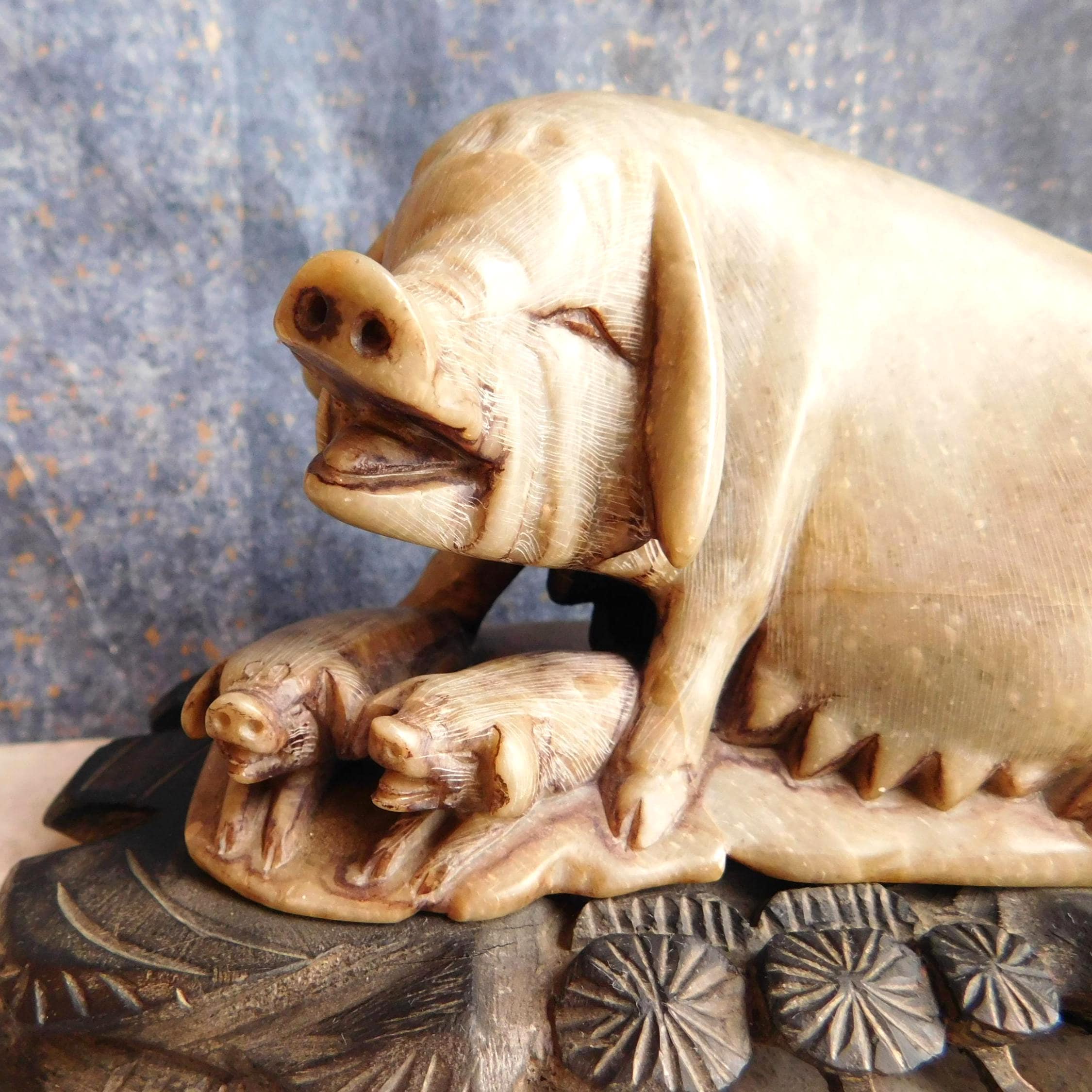 Vintage to Antique Chinese Carved Soapstone Pig W/ Piglets