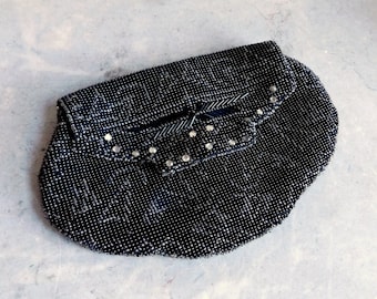 Vintage 1920s Flapper Purse / Black Beaded Envelope Clutch w/ Wrist Strap - Rhinestones / Cloth Lining w/ Pocket - Free US Shipping