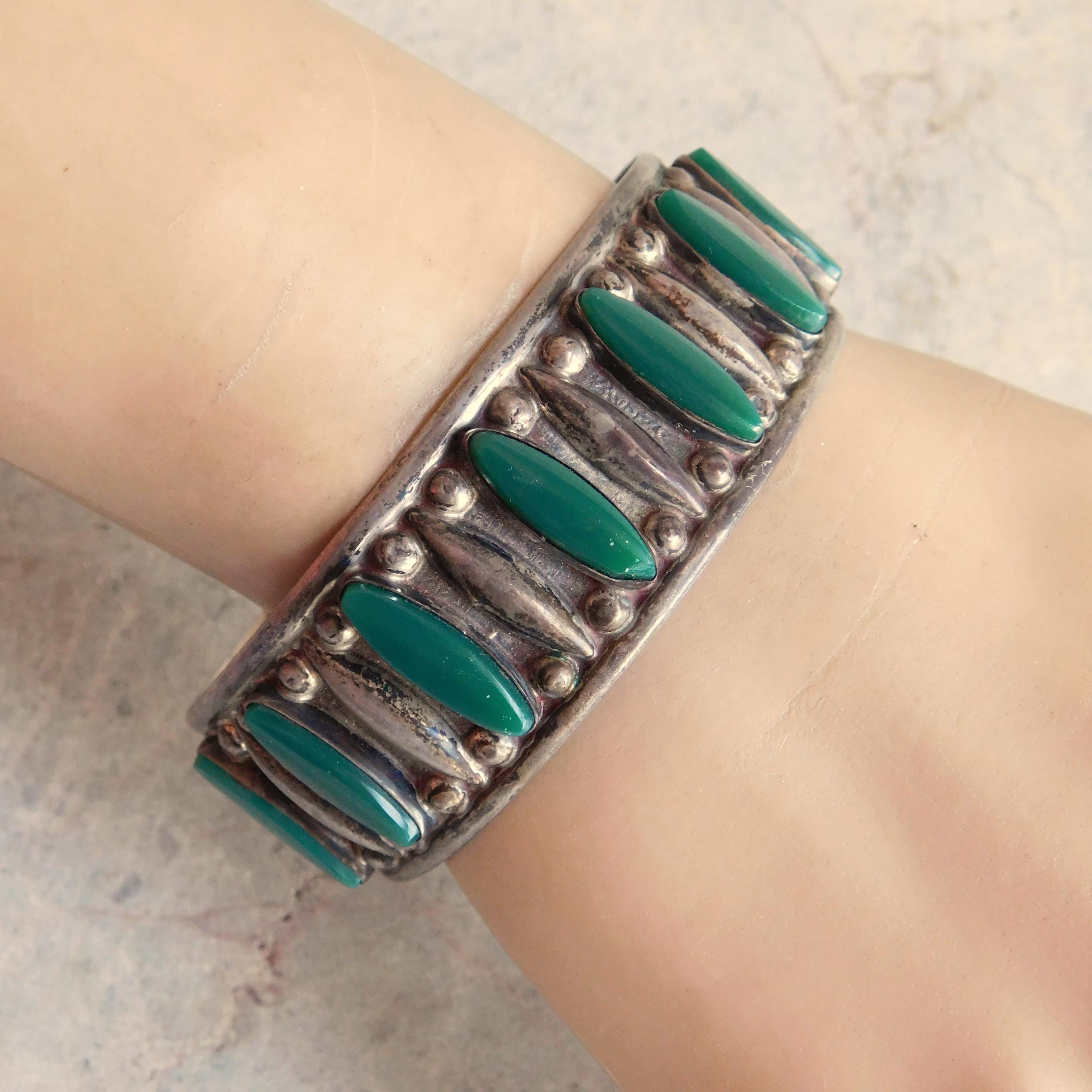 Vintage JFCM Mexican Sterling Silver Cuff Bracelet w/ Green Onyx Stones - 1950s-1960s - Plata De Jalisco - 28+ g - Free US Shipping