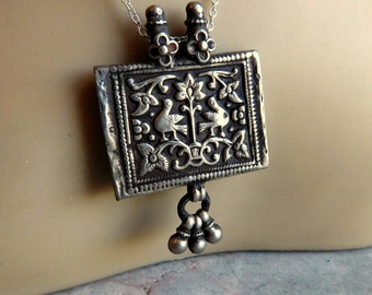 Vintage 800 or Sterling Silver Pendant Necklace - Tribal Prayer Box Style - Ornate Birds, Flowers - from India - 19" - Free US Shipping