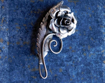 Vintage Signed Jewel Art Sterling Silver Rose Brooch Pin - Mid-Century 1940s-1950s - Dimensional Sculptural Realistic JewelArt Floral Flower