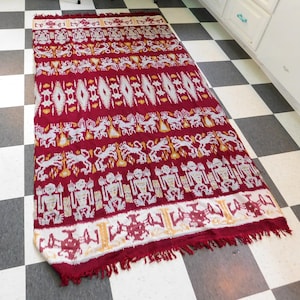 Vintage Indonesia Ikat Hand-Woven Cotton Textile - Sofa Throw - Fringed - Sumba? Island - 86 x 46 Inches - Hinggi? Sarong? - Maroon, White