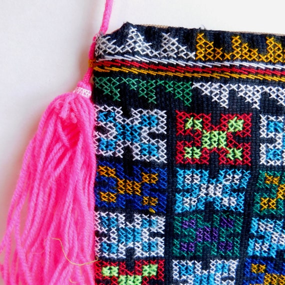 Vintage Hmong Tiny Cross Stitch Small Purse - Hand Embroidered Ethnic Folk Art - Pink Tassels, Shoulder Strap - Zipper Closure - Lined View 2