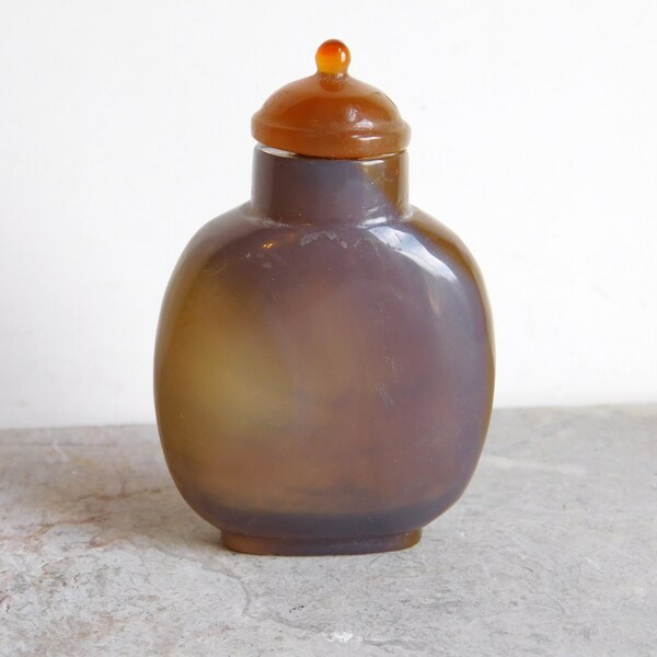 Vintage Carved Agate Chinese Snuff Bottle  - Translucent Gray & Amber Colored, Beautiful Markings - Early 20th Century - Scent Bottle