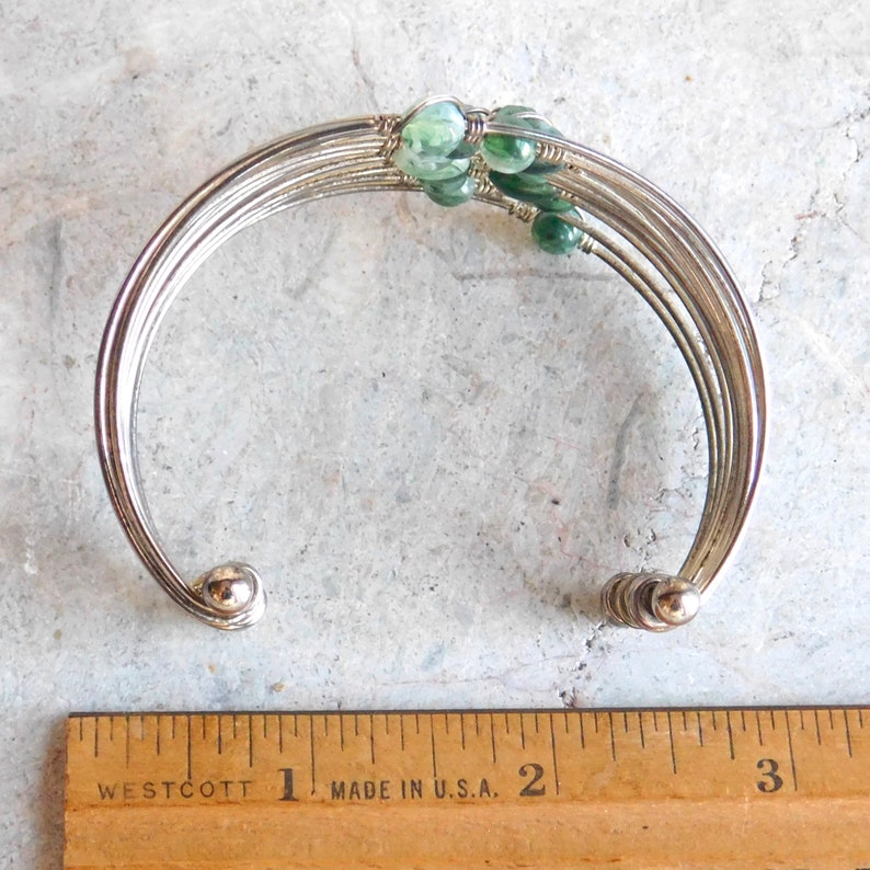 Wide Silver Wire Cuff 15 wires 14 beads Vintage Silverplate Multi-Wire Cuff Bracelet w Green Glass Beads Faux Jade Boho Cuff