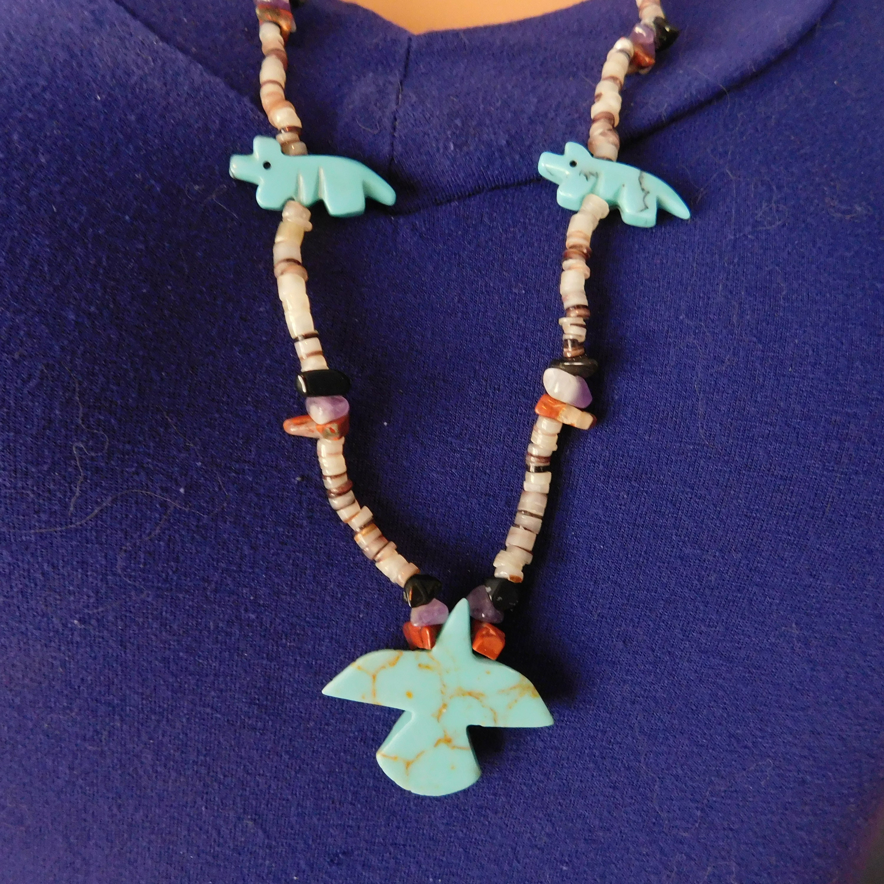 Vintage Zuni Fetish Necklace - Manmade Turquoise Bird Focal Vintage Zuni Fetish Necklace - Manmade Turquoise Bird Focal