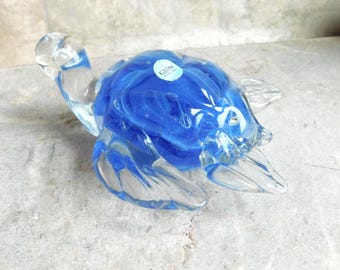 Vintage Art Glass Blaue Schildkröte Briefbeschwerer - Glow in the Dark - Dynasty Gallery Handcrafted
