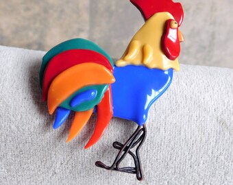 Vintage Fused Glass Rooster Brooch - Artisan Made w/ Bright Colors - Black Wire Feet - Blue, Yellow, Red, Orange, Green - Free US Shipping