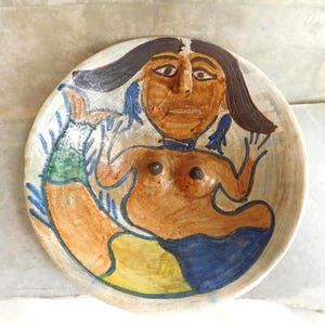 Vintage Delores Porras Mermaid Plate - Hand-Painted Mexican Folk Art Pottery - Oaxaca