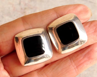 Vintage Sterling Silver and Black Onyx Square Earrings - 1980s Chunky Post Earrings for Pierced Ears - Flush Set Stones - Free US Shipping