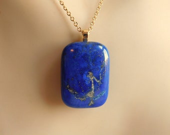 Vintage grote Lapis-Lazuli hanger ketting - 1-5/8" x 1" x 3/8" afgeronde rechthoek - Royal Blue w/Gold Pyrite Sparkles - Gratis Amerikaanse verzending