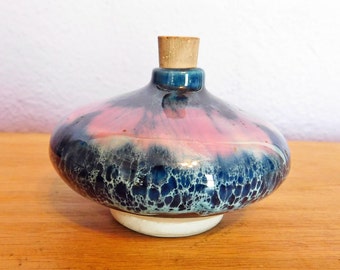 Vintage Artisan Hand-Thrown Ceramic Bottle w/ Cork Marked &quot;FRANCE&quot; - French Art Pottery - Blue, Pink, Black Glaze - Scent Perfume Jar