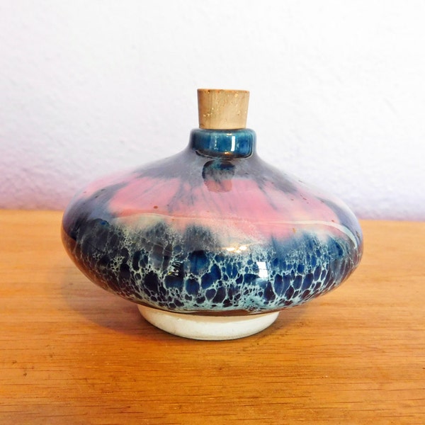 Vintage Artisan Hand-Thrown Ceramic Bottle w/ Cork Marked "FRANCE" - French Art Pottery - Blue, Pink, Black Glaze - Scent Perfume Jar