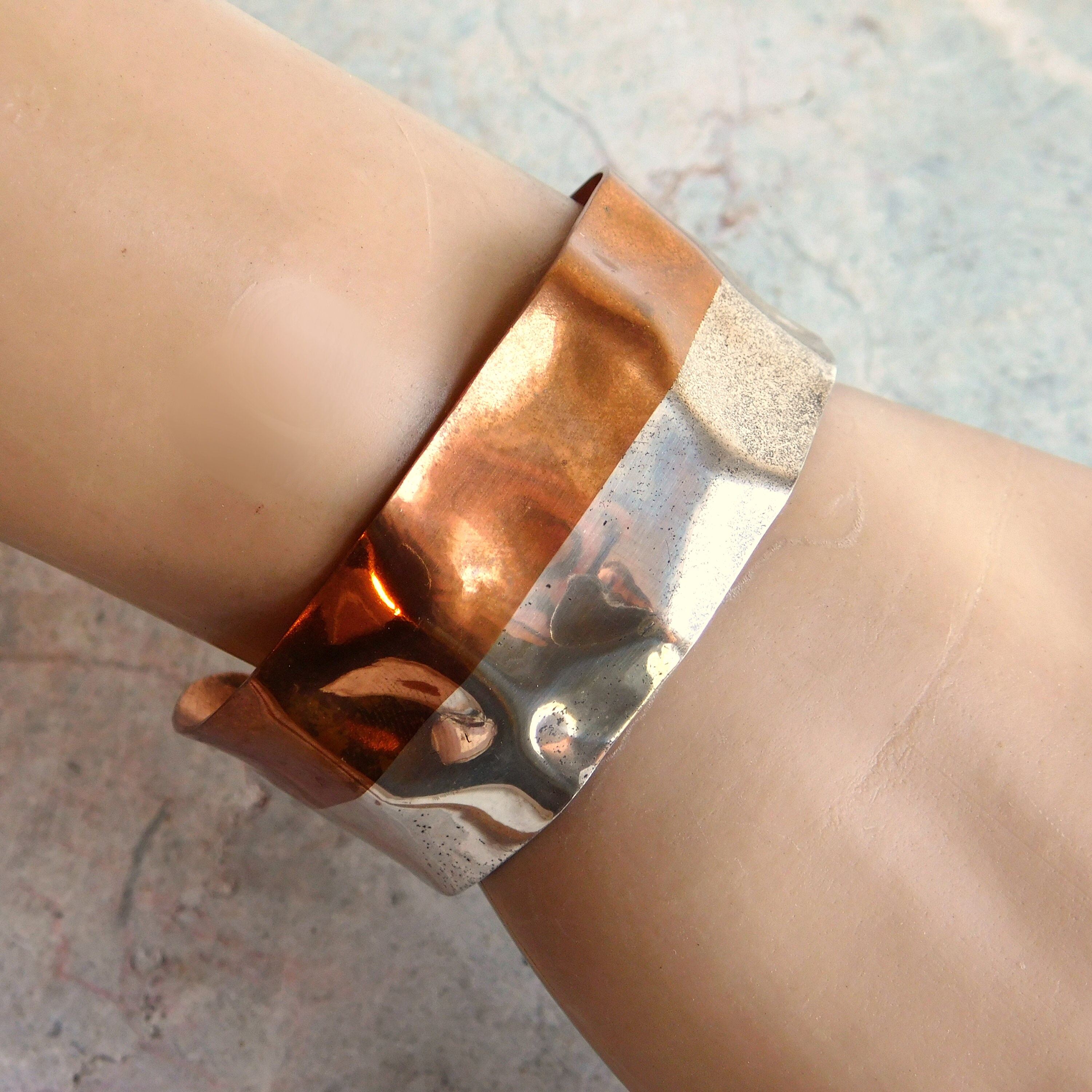 Vintage Signed L Vernon Sterling Silver and Copper Cuff Bracelet