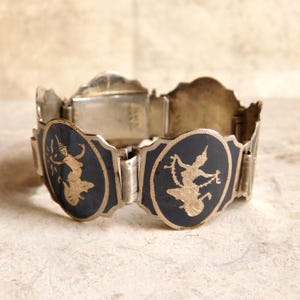 Vintage Siam Silver Niello Bracelet - Sterling Silver Panel Bracelet - Mekhala and Thai Dancers - 1950s-1960s Mid Century - Free US Shipping