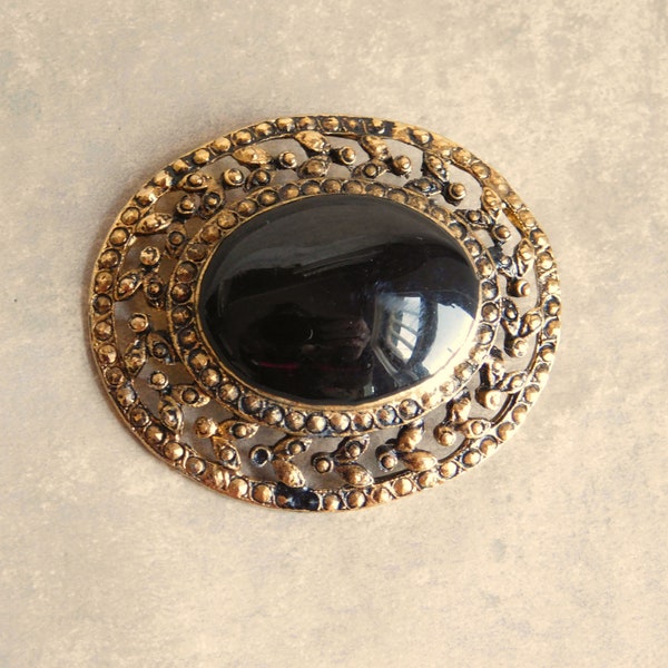 Vintage Victorian Revival Gold-Tone Brooch w/ Black Glass Stone - Oval Filigree, Faux Marcasites - Free US Shipping