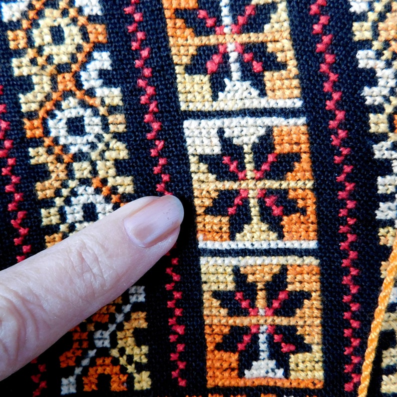 Long Sleeves Bedouin Style Middle-Eastern Vintage Cross-Stitch Caftan Handmade Orange and Gold on Black Small to Medium Size