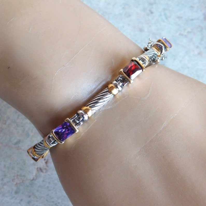 Red Green Blue Purple Yellow Cubic Zirconia Stones Vintage Rainbow Faux Gemstone Link Bracelet Open Backs Goldtone and Silvertone