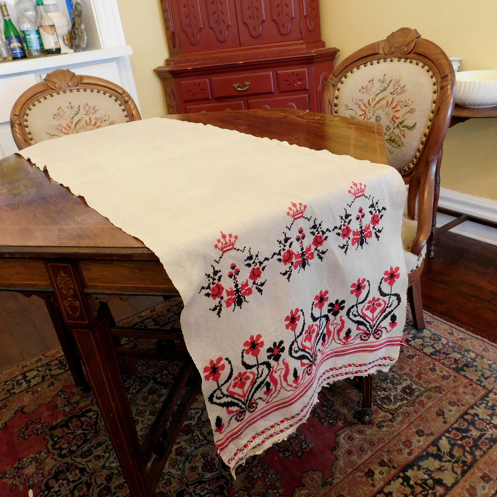 Vintage Oatmeal Linen Extra Long Table Runner w/ Red Black Etsy