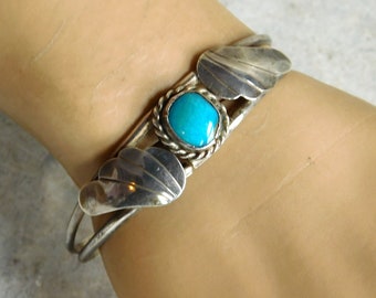 Vintage Navajo Style Sterling Silver and Turquoise Cuff Bracelet - "Wing" Motif - Southwestern Native American - Free US Shipping