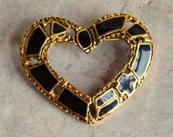 Vintage Gold-Tone Open Heart Brooch with Black Enamel- Beautiful Texture - Free US Shipping