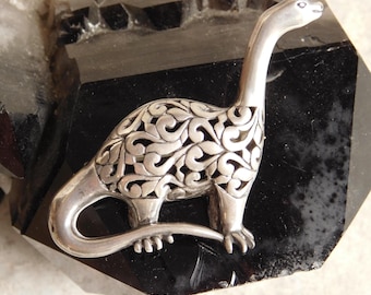 Spilla vintage Jezlaine in argento sterling a forma di dinosauro - Brontosauro - Traforata a mano - Spilla figurativa di animale degli anni '90