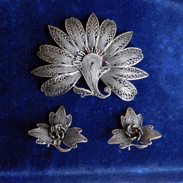 Vintage 900 Cannetille argent filé argent en filigrane fleur broche et boucles d’oreilles fil Antique travail broches - début du 20e siècle - signé