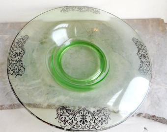 Vintage Green Uranium Glass Console Bowl w/ Sterling Silver Overlay - 1930s Depression Glass - 11-3/4" Bowl w/ Rolled Edge - Free Shipping