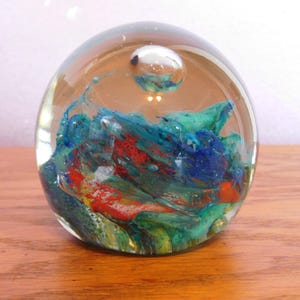 Vintage Large Hand-Blown Art Glass Paperweight - Blue / Green / Red Swirls, Controlled Bubble - 1 lb 11 oz - Free US Shipping