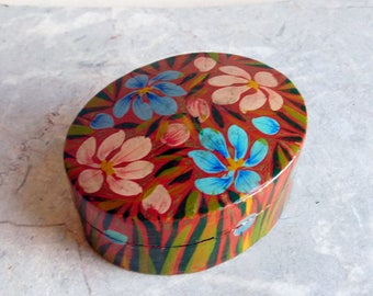 Vintage Lacquered Papier Mache Trinket Box Hand-Painted w/ Blue & Pink Flowers - Small Oval Lidded Handcrafted Box - Probably Made in India