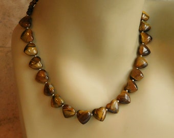 Vintage Golden Tiger's Eye Beaded Necklace - Heart-Shaped Beads - Artisan Made - 18" Adjustable Necklace - Free US Shipping