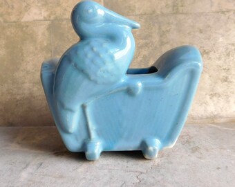 Vintage Blue Pottery Stork Vase / Planter - Baby Boy Vase Gift - 1950s Kitsch - Mid-Century American Made Ceramic - Bird - Free Shipping