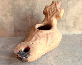 Vintage Pottery Greek Oil Lamp Replica - Beige Clay Handmade - Handle, Cross - Ancient Style - Free US Shipping