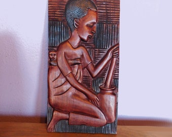 Vintage African Hand-Carved Wooden Folk Art Wall Plaque - Wall Hanging - Ghana? Dark Wood Woman Grinding, w/ Baby - Free US Shipping