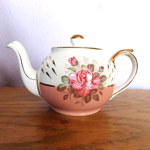 Tetera vintage Arthur Wood England - Rosa rosa, detalles dorados pintados a mano - Mediados de siglo