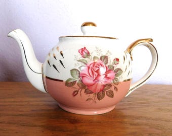 ヴィンテージ アーサー・ウッド イングランド製ティーポット - ピンクローズ、手描きのゴールドアクセント - ミッドセンチュリー
