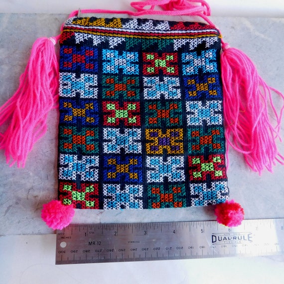 Vintage Hmong Tiny Cross Stitch Small Purse - Hand Embroidered Ethnic Folk Art - Pink Tassels, Shoulder Strap - Zipper Closure - Lined View 6