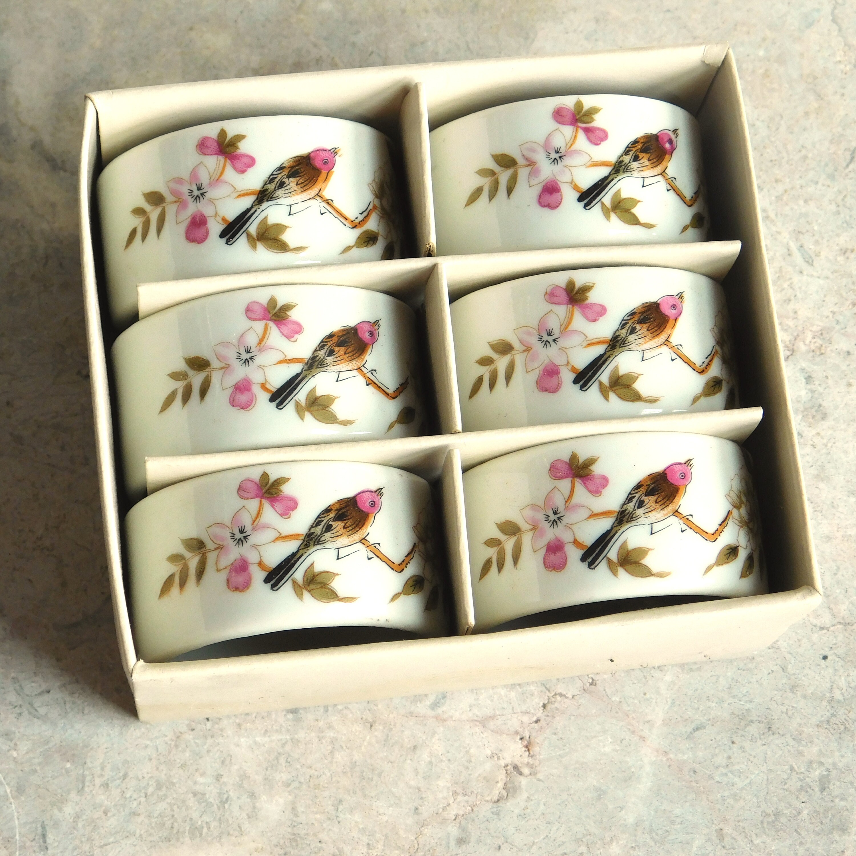6 Vintage Porcelain Napkin Rings w Birds Butterflies Polychrome Transferware Design Made in Japan Original Box Free Shipping