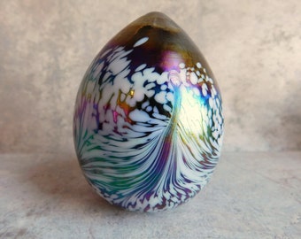 Vintage Art Glass Egg Paperweight - Iridized Glass - Rainbow Colored w/ White Spots, Streaks - Possibly Mt St Helens Ash - Free US Shipping