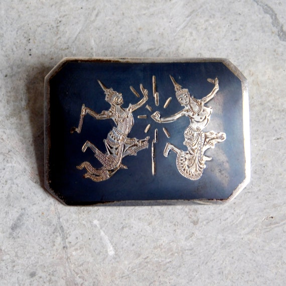 Vintage Sterling Niello Siam Silver Brooch - Mid-century Vintage Sterling Niello Siam Silver Brooch - Mid-century