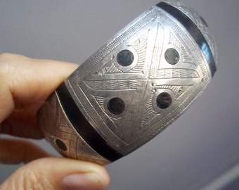Vintage Tuareg Tribal African Silver and Ebony Cuff Bracelet - Wide, intricately Worked Sterling Silver Cuff - Black and Silver