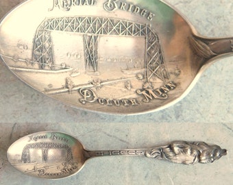 Antique Sterling Silver Souvenir Spoon - Aerial Bridge Duluth Minn - Mechanics Silver Co - Dated 1909 Edwardian Era - Free Shipping