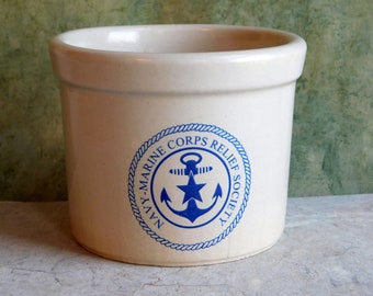 Vintage Robinson-Ransbottom Stoneware Crock - Navy-Marine Corps Relief Society Memorabilia - Cobalt Decoration - 1 Pint - Scarce Design