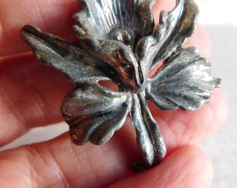 Vintage Pot-Metal Iris Brooch - Silver-Tone Metal Flower- Interesting Patina - Mid-Century - Free US Shipping