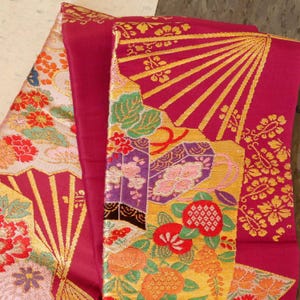Vintage Japanese Silk Obi / Kimono Belt - Maroon w/ Gold Metallic Floral Design - 126&quot; x 6-1/4&quot; - Decorated One Side - Free US Shipping