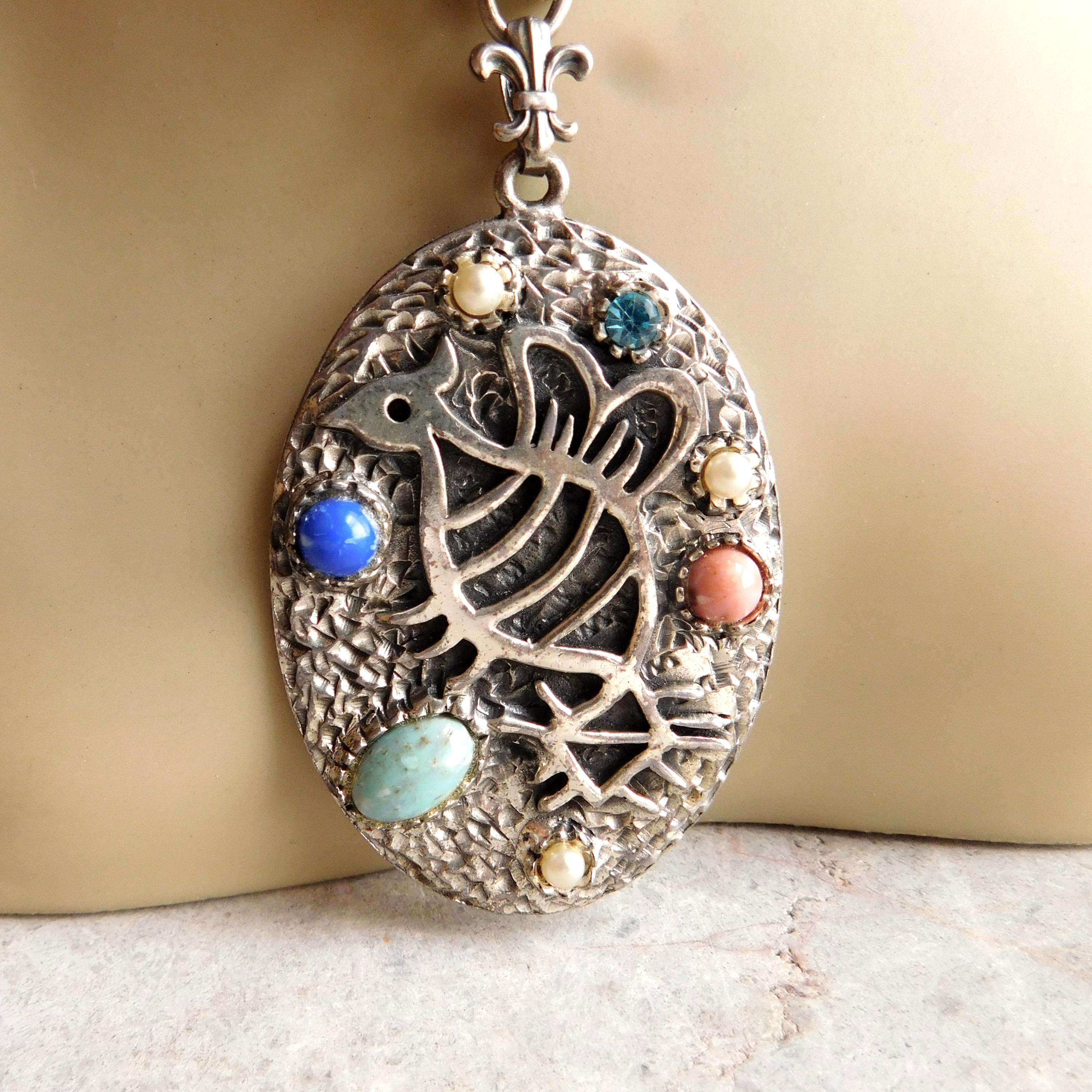 Large Metal and Gemstone Medallion Pendant Necklace - Faux Gemstones & Pearls, Stylized Bird - Thick Chain - 1960s-1970s - Free US Shipping