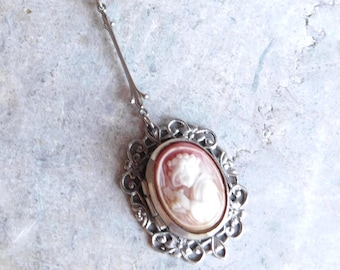 Vintage Faux Cameo Locket Necklace, Ornate Silver-Tone Pendant, Classic Style, Long Chain