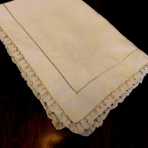 Vintage Hand Embroidered White Linen Bed Pillow Sham - Drawn Work, Pulled Thread Border - Handmade Lace Edge - Monogram "CKS"  - 36" x 26"
