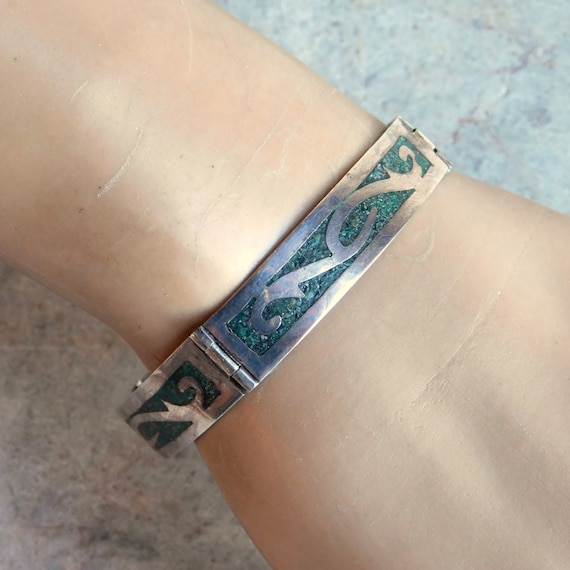 Vintage Mexican Sterling Silver Chip Inlay Turquoise Link Bracelet