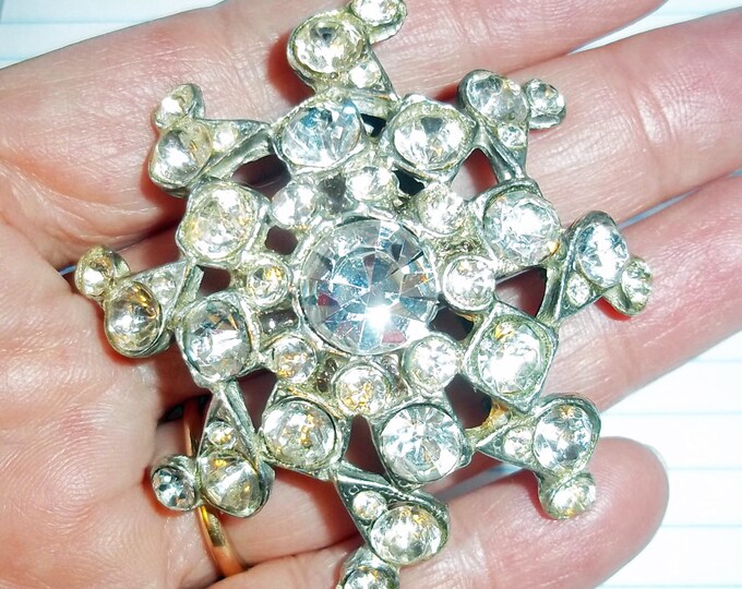 Vintage Large Round Rhinestone Snowflake Brooch - Retro Rhinestone ...